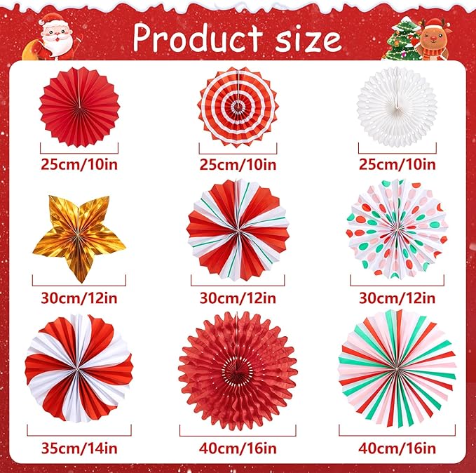 Christmas Paper Fans, Christmas Paper Decorations, Hanging Xmas Decor in Gold, Red, White and Peppermint Candy Theme Honeycomb Decorations