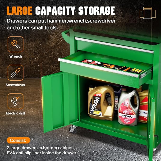 Crownland 8-Drawer Rolling Tool Chest with Wheels, Lockable 2 in 1 Detachable Tool Cabinet wit Drawers and Black Liners, Garage Top Toolbox & Bottom Storage Cart with Side Hooks(Green)