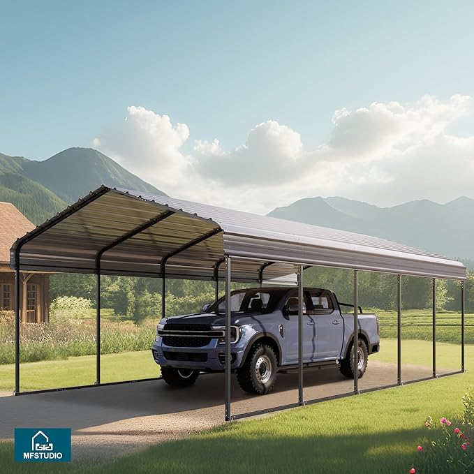MFSTUDIO Carport 12x25 ft, Outdoor Heavy Duty Metal Shed Carports, Metal Garage Car Shelter Shade Car Port with Galvanized Roof, Frame and Bolts for Cars, Truck and Boats