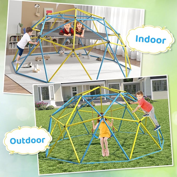 Climbing Dome,10 FT Dome Climber with Hammock and Swing Outdoor&Indoor Anti-Rust Metal Jungle Gym For Backyard Play Equipment Geometric Dome Toddler Climbing Toys Great Gift for Kids Aged 3 to 8