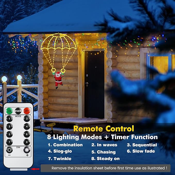 Christmas Decorations Lights Outdoor, 2.8ft LED Christmas Parachute Lights with Santa Claus, 8 Modes & Timer Battery Operated Hanging Xmas Lights for Roof Eave Balcony Home Garden Decor (Warm White)