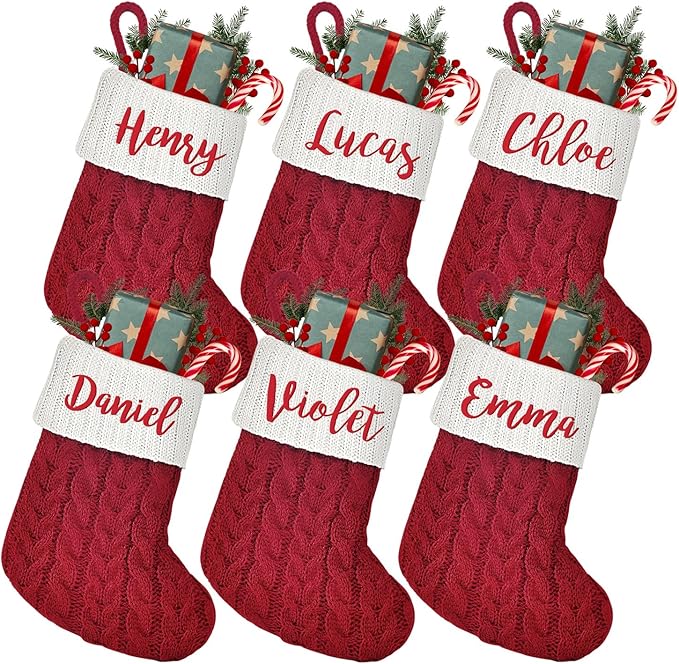 Mini Custom Christmas Stockings with Names - 6" W x 7" L Burgundy Red Personalized Christmas Stockings, Kids Family Small Knitted Xmas Stocking for Fireplace Decoration, 6 Pack