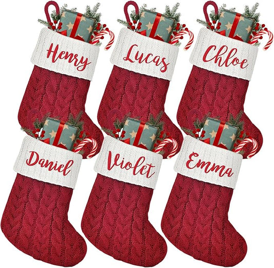 Mini Custom Christmas Stockings with Names - 6" W x 7" L Burgundy Red Personalized Christmas Stockings, Kids Family Small Knitted Xmas Stocking for Fireplace Decoration, 6 Pack