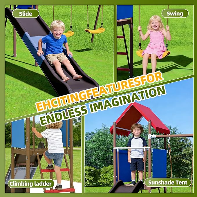 Beach Swing Set for Outdoor Playset with Slide, – Durable and Safe Outdoor Play Equipment with Swing Set and Belt Swings, Rock Climbing Ladder & Shaded Fort