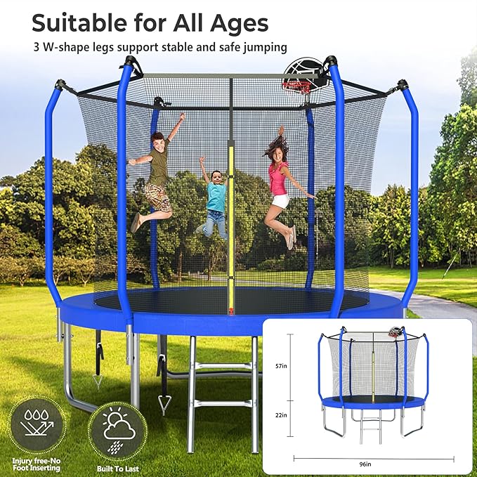 Lyromix Upgraded Trampoline 8FT/10FT/12FT/14FT With Basketball Hoop, Light, Sprinkler, Stakes - Outdoor Backyard for 4-6 Kids and Adults