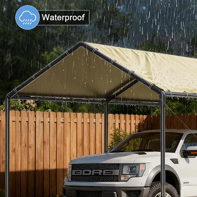 10x20 Heavy Duty Carport, Outdoor Carport Shelter with Reinforced Frame and Stakes, Waterproof Garage Car Port Tent (Beige)