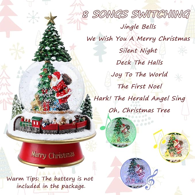 Taman Christmas Snow Globe, Santa with Gifts,Christmas Tree,Mini Train Carrying Bears Musical with Swirling Glitter Snowflakes Lighted Christmas Decorations Tabletop Home Décor