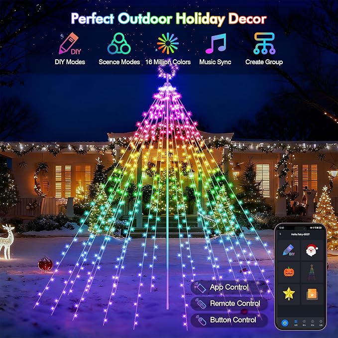 Outdoor Christmas Decorations, 12FT 488LED RGB Color Changing Waterfall Christmas Tree Lights with Iron Pole, APP Remote Control, DIY Multi-Color Lightshow, Music Sync, Xmas New Year Decor