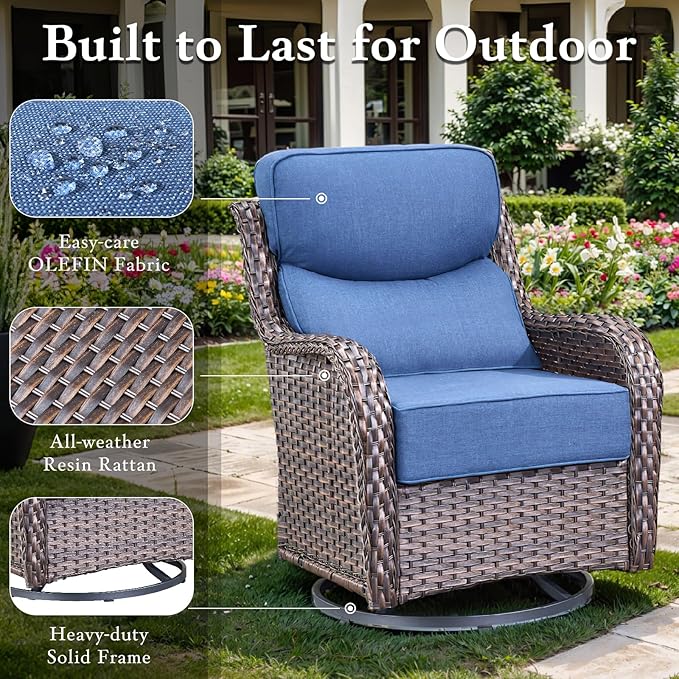 Luxury Outdoor Furniture Set with 6-Inch Thick Cushion, High Back Swivel Patio Chairs with Ottoman & Side Table, Outdoor Wicker Swivel Bistro Set for Porch, Yard, Deck, Poolside, Brown/Blue