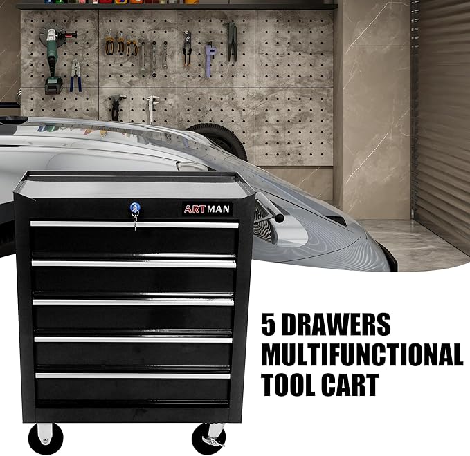 RYH 5Drawers Rolling Tool Chest & Tool Box on Wheels | Heavy Duty Metal Cart with Ball Bearing Drawers | Fits US General Tool Box for Garage Storage (Black, 5 Drawers£¨29.9 H ¡¿ 24.2 W ¡¿ 12.9 D)
