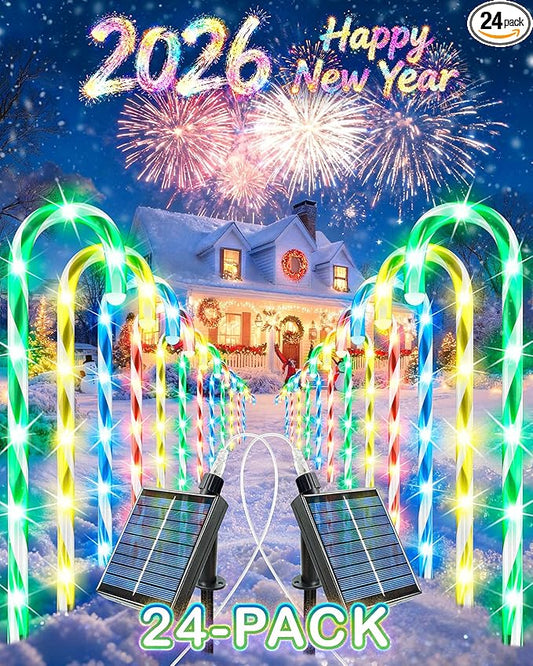 Anordsem Solar Christmas Decorations Outdoor: 21" Candy Cane Stake Lights 24 Pack - Waterproof LED 8 Colorful Lighting Models for Yard Pathway Xmas Tree Decor - 2026 New Year Gifts for Homeowners