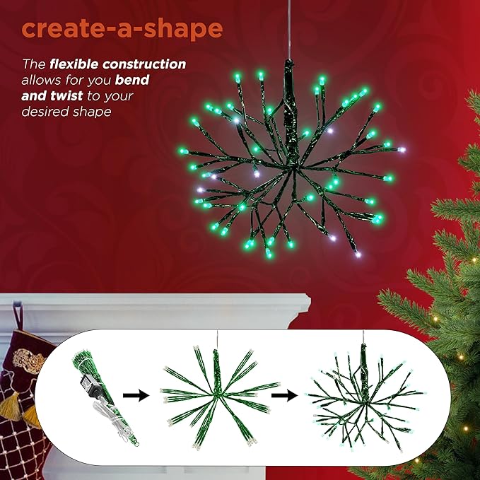 Alpine Corporation 10"H Indoor Christmas Twig 3D Hanging Snowflake Ornament with LED Lights, Green , Christmas Decoration
