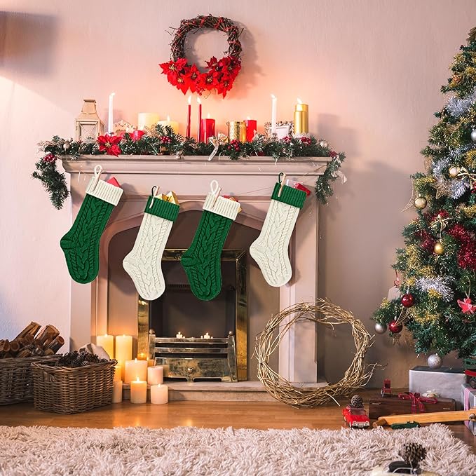 Personalized Christmas Stockings 18 Inches Large Size Cable Knitted Stocking Gift and Decorations for Holiday Family Xmas Party (Green and White, Pack of 2)