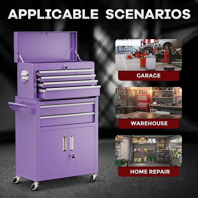 Bonusall 8 Drawer Rolling Tool Chest and Cabinet Combo,Heavy-Duty Metal Garage Tool Chest with Wheels and 2 Doors,2-in-1 Top Box and Roller Cabinet Combo for Garage, Workshop, Warehouse-Purple