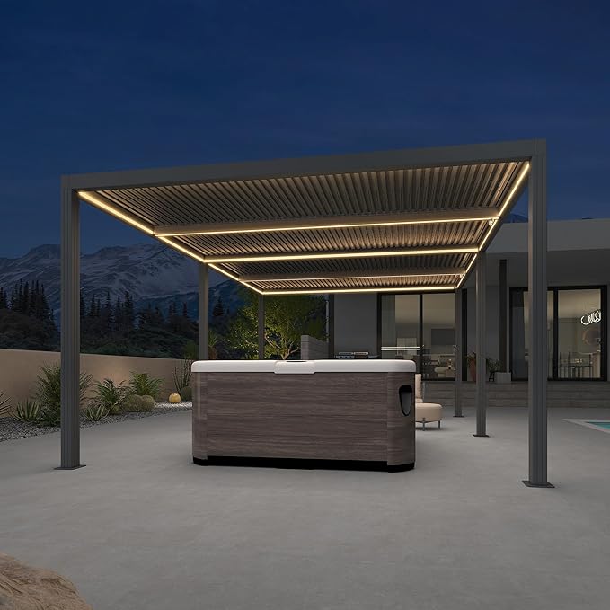 PURPLE LEAF LED Louvered Pergola 94AS 12'x 20' Full Aluminum Frame and Adjustable Roof Integrated Strip Lights for Outdoor Deck Garden Patio Gray Hardtop Gazebo Pergola