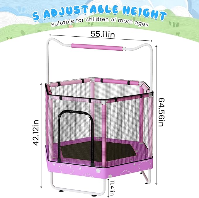 LAMERGE 55" 7-in-1 Round Trampoline for Kids Boys & Girls Ages 1-8, Indoor & Outdoor Trampoline for Fun, Adjustable Height Handrail ＆ Enclosed Safety Net ＆ Durable Designs for Toddlers Children
