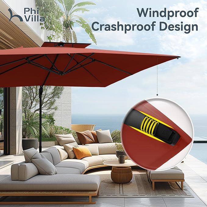 PHI VILLA 9' X 12' Cantilever Patio Umbrella with Base, Outdoor Large Rectangular Umbrellas with 360°Rotation, Heavy Duty Hydraulic Double Umbrella Windproof for Outside, Red