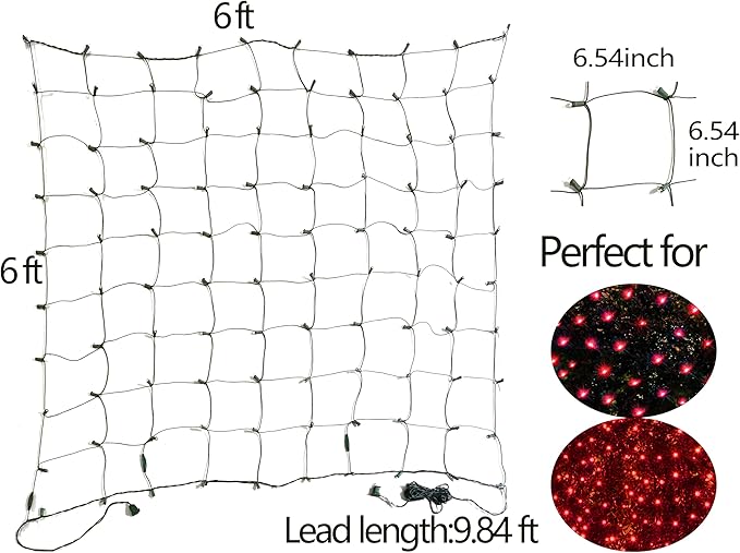 HISHINY LED Red Christmas Net Lights Outdoor,6ftx6ft 144LED Green Wire, Connectable Indoor Outdoor Bush Mesh Net Lights String for Halloween Christmas Party,Shrub,Yard,Tree（Red）