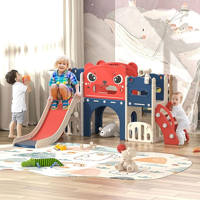 9-in-1 Toddler Slide and Climber Playset Freestanding Indoor Outdoor Kids Slide for Age 1-8, Backyard Playground with Basketball Hoop,Telescope,Storage Space