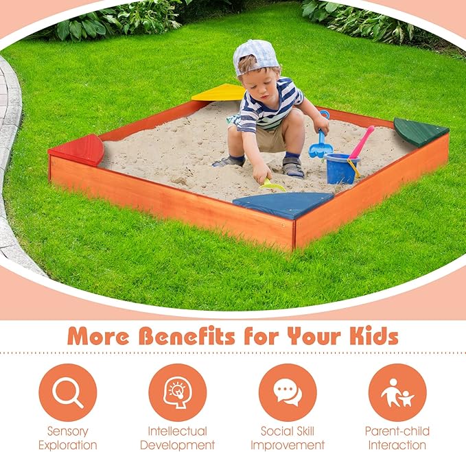 Costzon Kids Wooden Sandbox, Wood Cedar Square Sand Box with 4 Colorful Built-in Corner Seating, Bottomless Structure, Children Outdoor Beach Backyard Play Furniture for Ages 3-8