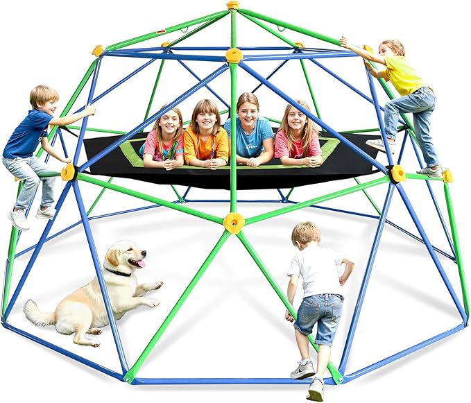 10FT Geometric Dome Climber for Kids 3-12 - Heavy Duty 1000LB Capacity Jungle Gym with Hammock & Climbing Grips, Outdoor Backyard Play Equipment, Easy Assembly