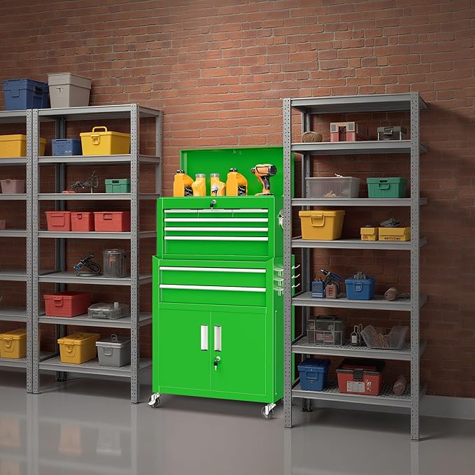 Bonusall 8 Drawer Rolling Tool Chest and Cabinet Combo,Heavy-Duty Metal Garage Tool Chest with Wheels and 2 Doors,2-in-1 Top Box and Roller Cabinet Combo for Garage, Workshop, Warehouse-Green
