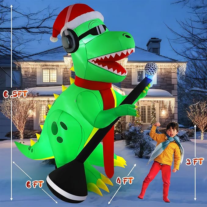 TCFUNDY 6.5FT Christmas Inflatable Dinosaur Singing Outdoor Patio Decoration, Giant Dinosaur with Built-in Bright LED Lights for Christmas Holiday Garden Lawn Decoration