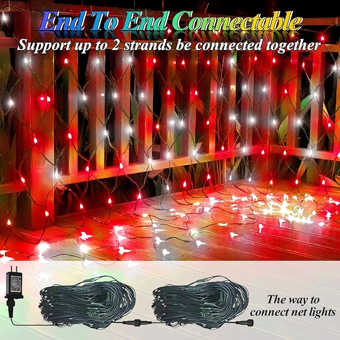 Red White Net Lights Christmas Decorations, 21ft x 5ft 360LED Mesh Lights Outdoor Green Wire 8 Modes Timer, Waterproof Connectable String Lights for Bushes Xmas Tree Garden Holiday Party
