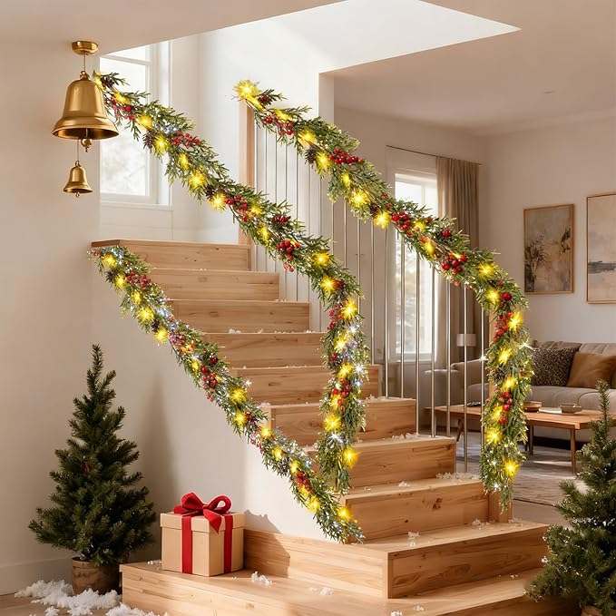 Christmas Garland with Lights Pine Garland Lighted Prelit Christmas Garlands for Mantle Stairs Xmas Garlands Lighted Garland Battery Operated Home Decor Christmas Decorations Outdoor Indoor
