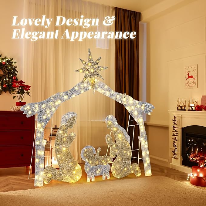 Yescom 6Ft Manger Nativity Scene Outdoor Garden Jesus Decoration Christmas Pre-lit 3D Artificial for Patio Yard Party Event Holiday Display with 190 LED Lights Silver Warm White