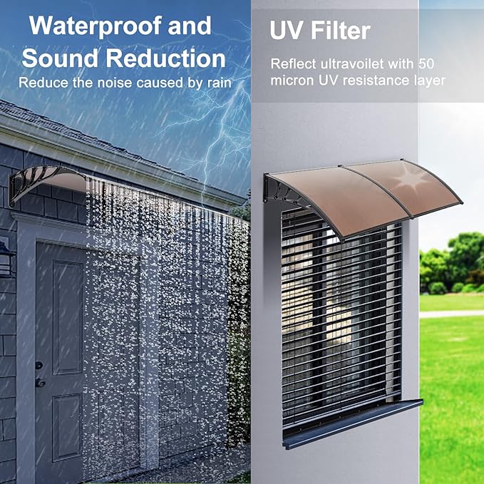 Window Awning Door Canopy Exterior- 40" x 80" Aluminum Door Awning, Polycarbonate Cover Patio Canopy Awning for House, Outside, Rain Snow & UV Resistant (Brown Board & Black Bracket)
