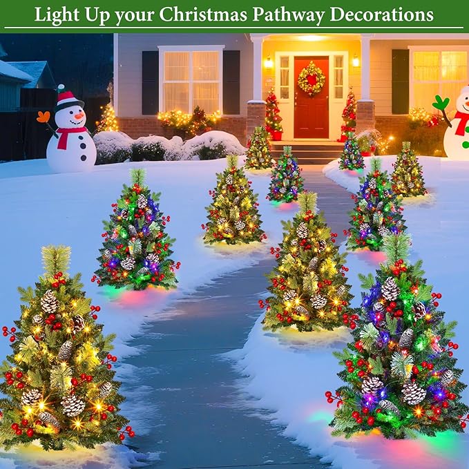 33" 2 Pack Outdoor Christmas Tree Urn Fillers 8 Modes Timer Battery Operated Christmas Decorations Outdoor Indoor Pinecones Berries Tripod Stakes Yard Porch Lawn
