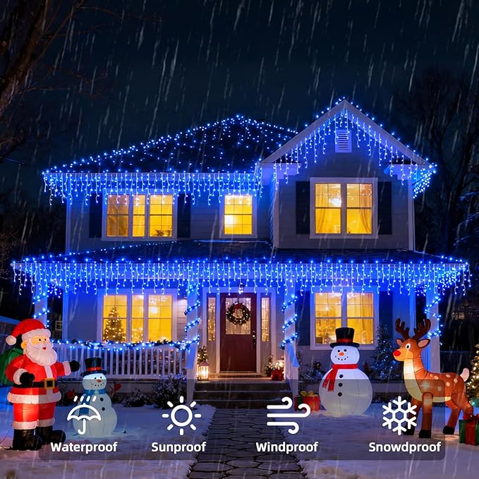 Christmas Outdoor Icicle Lights - 200 LED 21+16 FT 8 Modes Curtain Fairy String Light Plug in, Waterproof for Eaves Yard Holiday Xmas Holiday Indoor Outdoor Decoration - Blue