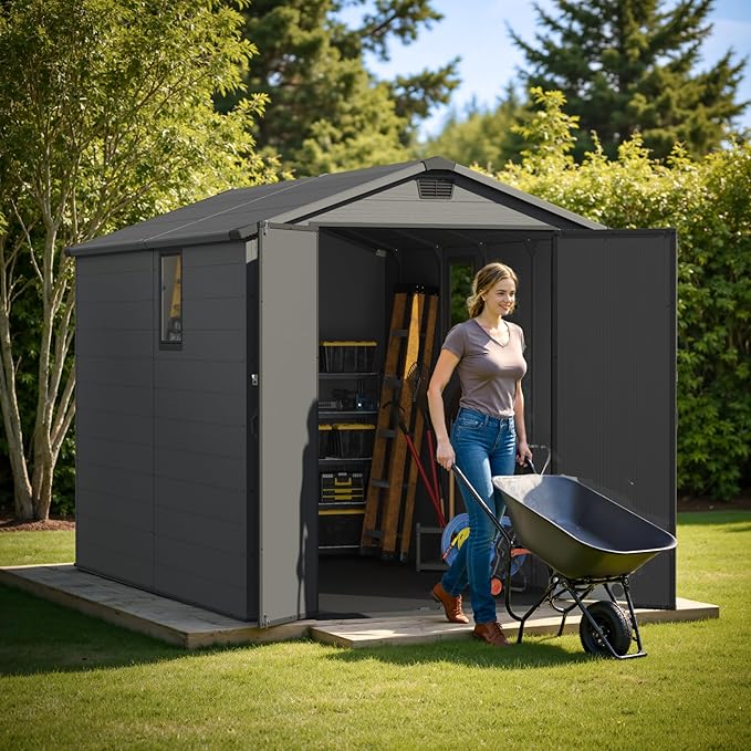Greesum 6×10FT Plastic Outdoor Storage Shed with Floor, Resin Storaged Sheds with Lockable Double Door, Windows & Vents, All-Weather Tool Sheds for Garden, Backyard, Patio, Dark Gray