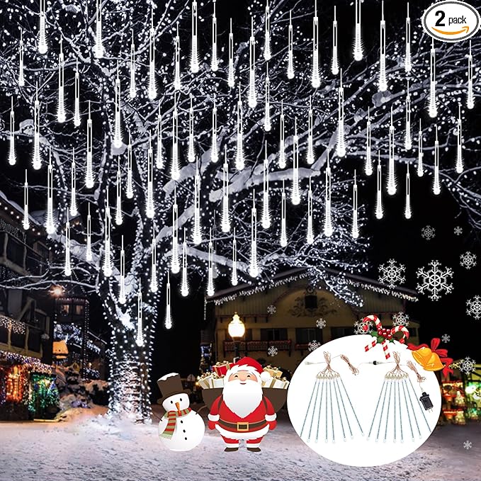 2 Pack Christmas Decorations Lights Outdoor, Extendable Meteor Shower Lights with Timer, Total 384LED 30cm 16 Tubes Indoor Outdoor Snow Cascading String Light for Xmas Garden Party Decor (Cool White)
