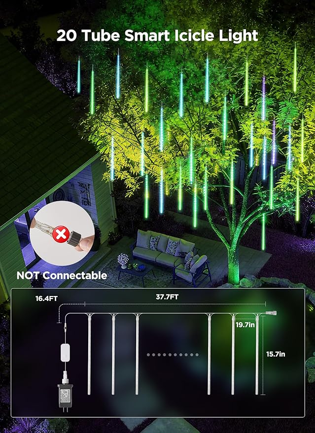 Smart Meteor Shower Rain Lights, 24Tube 384LED 37.7ft Color Changing Icicle Christmas Lights Outdoor Outside, APP Controlled RGB Customize Display DIY Dynamic Lighting Effect