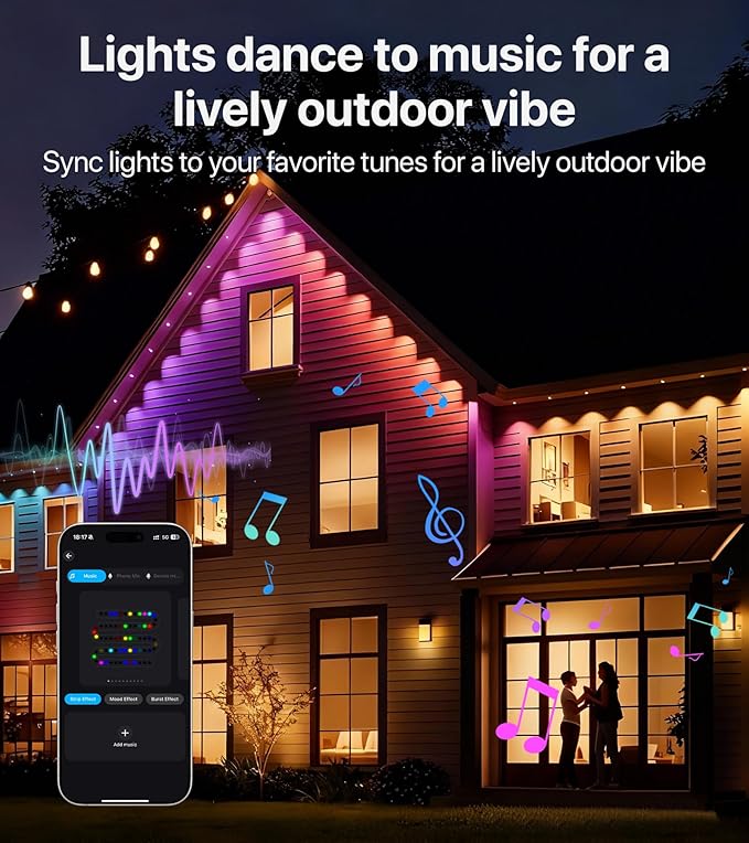 50FT RGB+IC LED Permanent Outdoor Lights: Eave Lights with Smart APP & Remote Control, 72 Scene Modes, Waterproof IP65 for Holiday Christmas Decorations(Extension Cord Not Included)