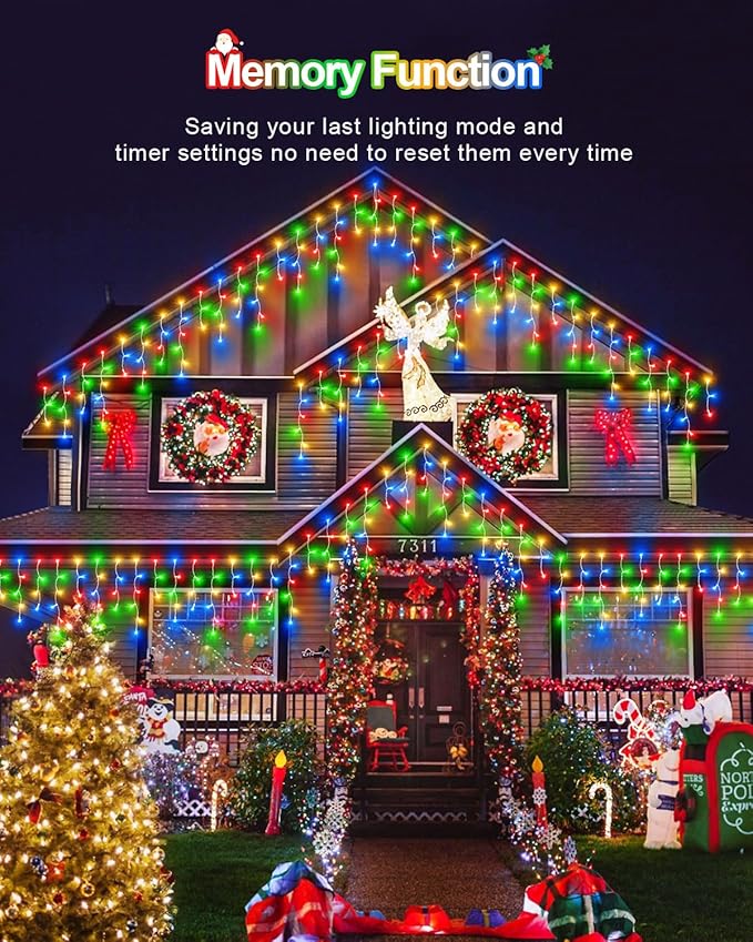 Christmas Lights Outdoor, 53 FT 486 LED String Lights for Outside, Timer & Memory, Plug in 8 Modes Hanging Fairy Lights with 108 Drops for House Eaves Holidays Decorations Multicolor to White