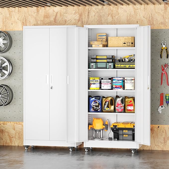 Superday 72¡± Metal Cabinet with Wheels, Lockable Steel Utility Cabinet with 2 Doors and 4 Adjustable Shelves, Tall Storage Cabinets for Garage, Home Office, Kitchen Pantry, Living Room, White