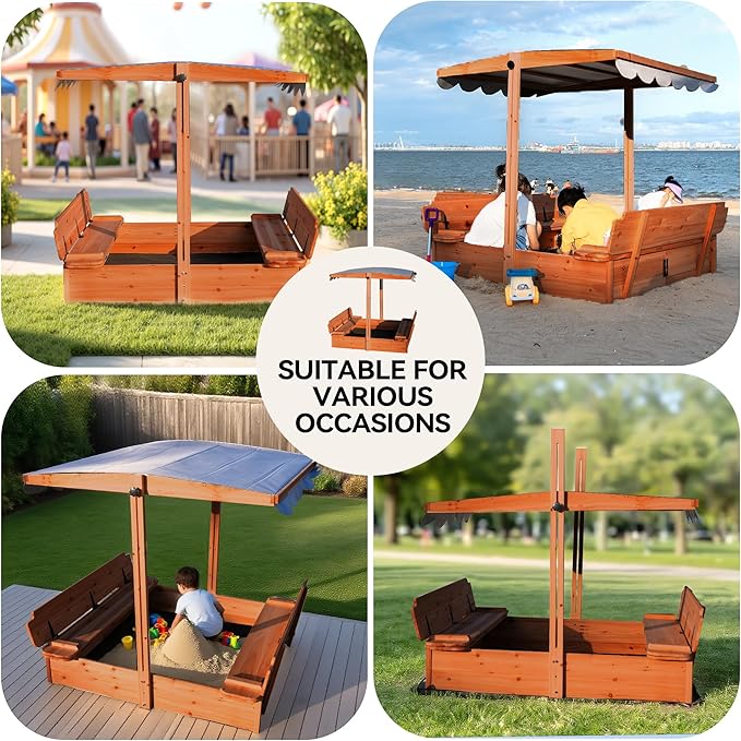 Wooden Sandbox with Lid & Canopy Cover, 48x48 Large Outdoor Sand Box for Kids Ages 4-8, with Foldable Bench Seats, UV-Resistant & Adjustable Height Roof & Bottom Liner