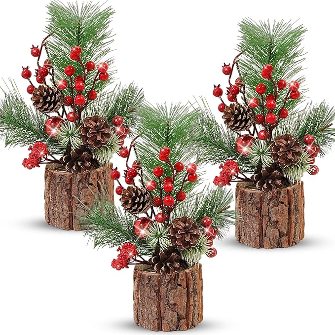 3 Pcs 11 Inch Christmas Tree Tabletop Artificial Mini Christmas Tree Decorations with Holiday Ornaments Pine Cone Berry Farmhouse for Fireplace Home Indoor Decor (Classic)