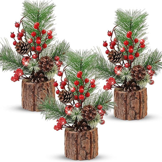 3 Pcs 11 Inch Christmas Tree Tabletop Artificial Mini Christmas Tree Decorations with Holiday Ornaments Pine Cone Berry Farmhouse for Fireplace Home Indoor Decor (Classic)