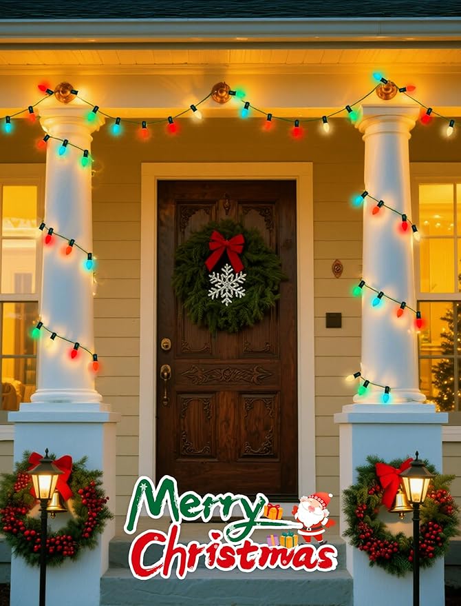 C7 LED Colorful Christmas Lights Outdoor, 25Ft Christmas Decorations String Lights with 27 LED C7 Ceramic Multicolor Bulbs, Hanging Vintage Christmas Lights for House Roofline Tree Patio Yard Party