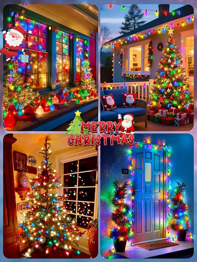 2-Pack 66FT 100LED Extendable C9 Christmas Lights Outdoor/Indoor, Waterproof Christmas String Lights Plug in, Green Wire Fairy Lights for Xmas Tree Garden Patio Wedding Party Decoration (Multicolor)