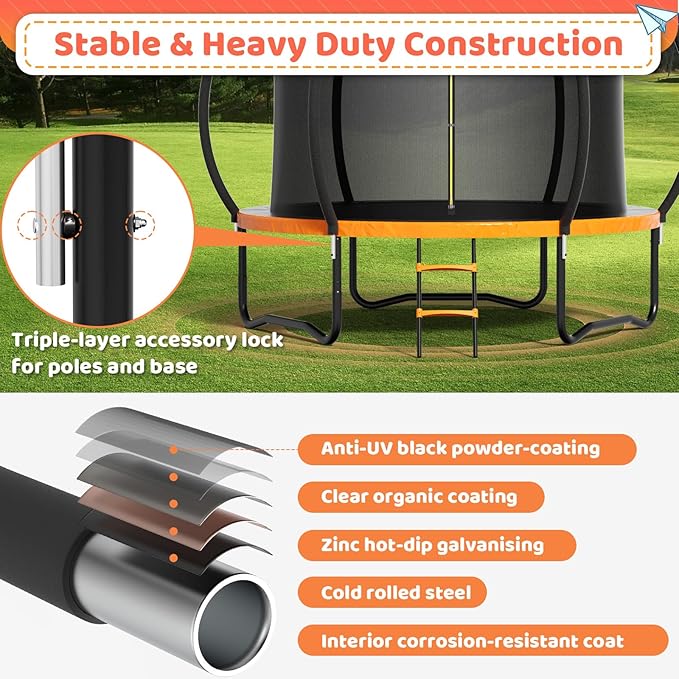8FT 10FT 12FT 14FT 16FT Trampoline Outdoor, Trampolines for Kids & Adults, Pumpkin Trampolines with Safety Net, Ladder, Coating Metal Frame, ASTM Approved Large Backyard Trampoline for Kids