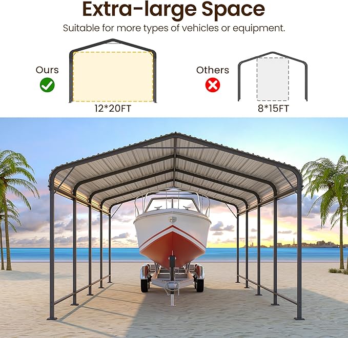 12x20FT Metal Carport, Heavy Duty Carport Canopy with Reinforced Frame and Base for All-Weather, Outdoor Garage Car Port for Pickup Trucks, Boats, Tractors or Party