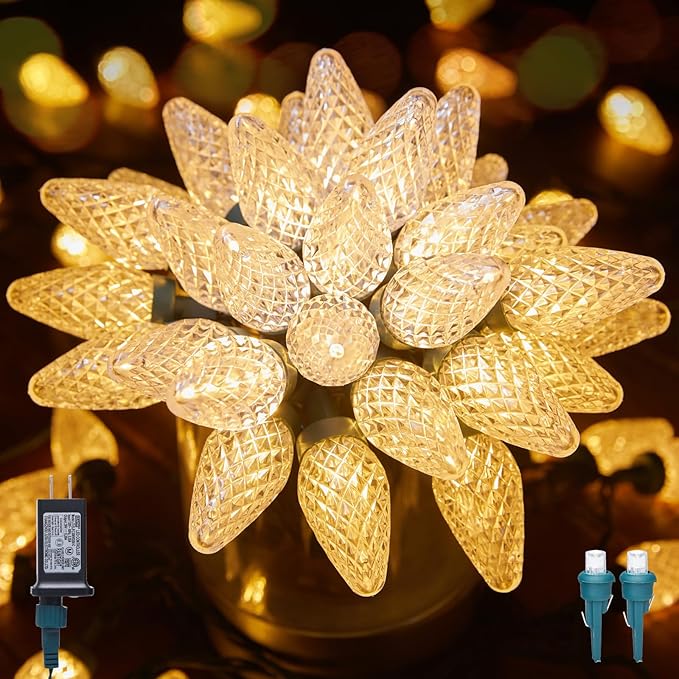 C9 LED Christmas Lights Outdoor, 81 Feet 100 LED String Lights With Timer & 8 Lighting Mode, Waterproof Commercial Grade Extendable for Indoor Outside Roofline Patio Home Xmas Decoration, Warm White