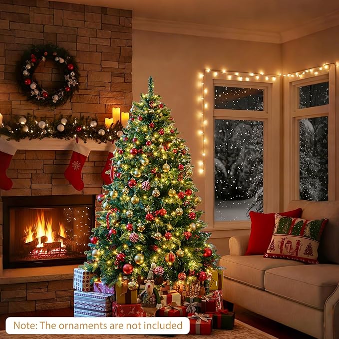 GOFLAME 6FT Pre-lit Artificial Christmas Tree, Hinged Xmas Tree with Remote and App Control, 370 Color & Mode Changing RGB Lights, Timer, 1054 Branch Tips, Pine Cones and Red Berries