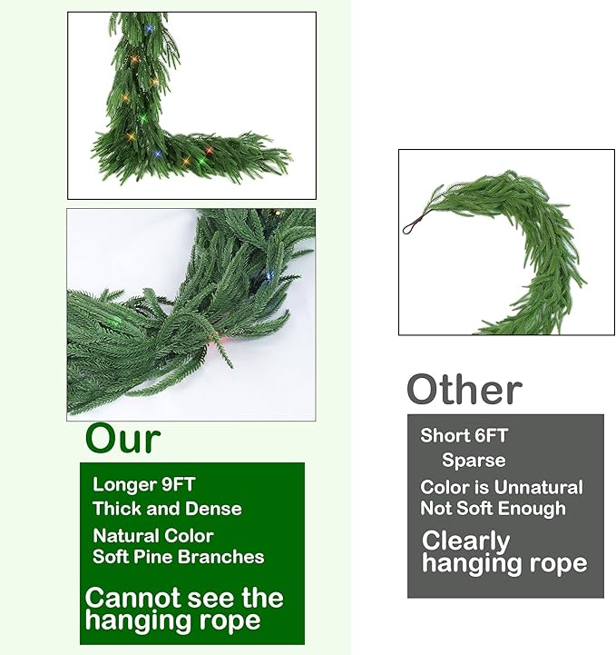 TW SHINE 9 FT Pre-Lit Christmas Garland Decorations, 50 LED Lighted Artificial Norfolk Pine Garlands with 8 Modes, Green Garland for Indoor Outdoor Table Mantle Stairs Fireplace Decor, Multi-Colored