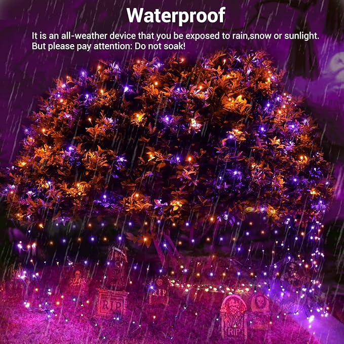 Joomer 12ft x 5ft 360LED Orange Purple Halloween Net Lights Outdoor Mesh Lights, 8 Modes Timer Connectable Waterproof Bush Light Mesh Netting Light for Halloween Outdoor Decorations (Green Wire)
